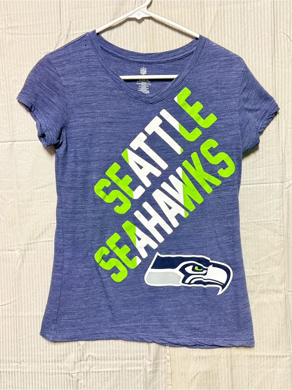 NFL Seattle Seahawks Womens XL 14/16 Navy Blue Lime Graphic Tee Game Day Shirt